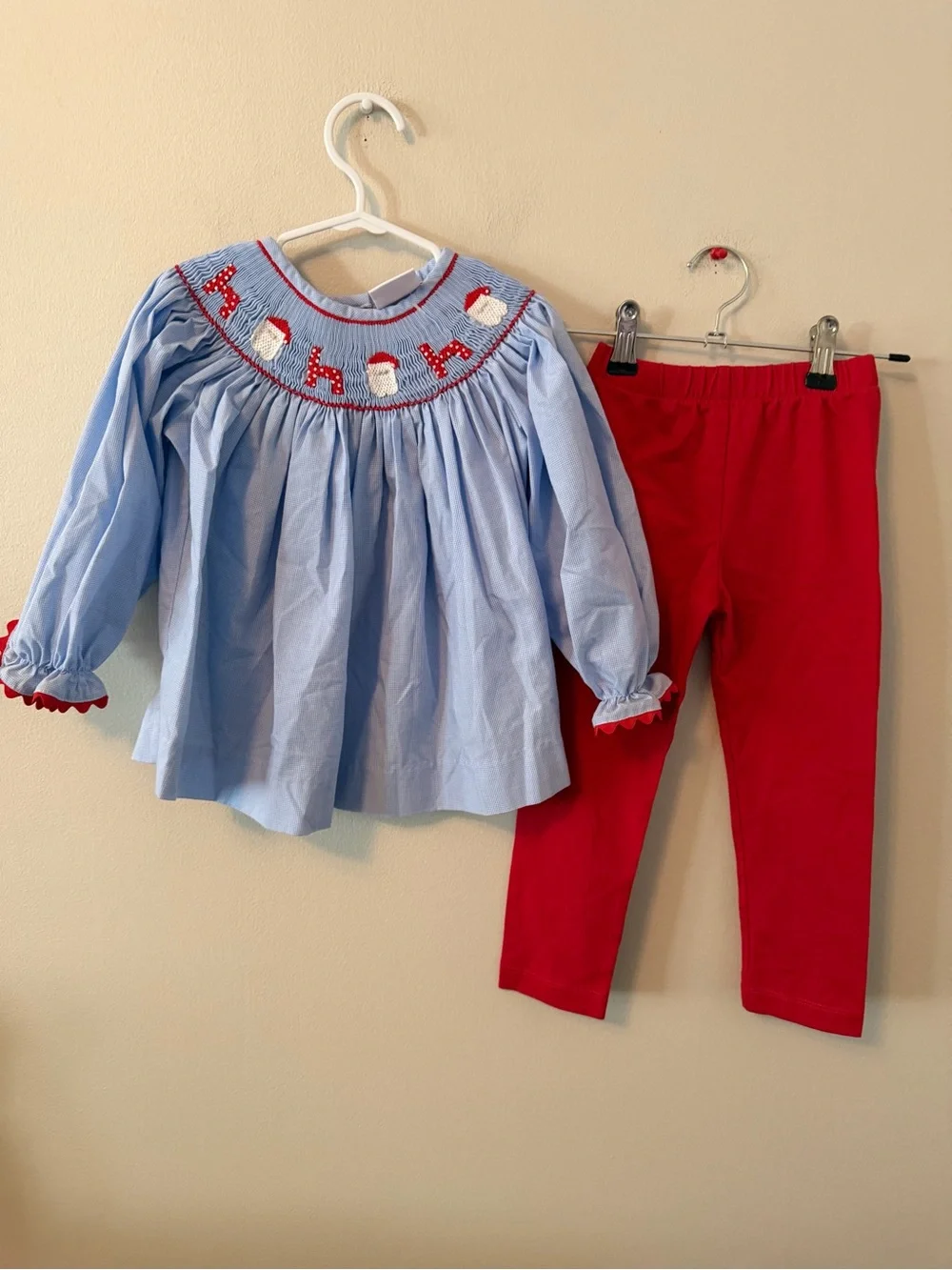 Stitchy Fish Blue Smocked Santa Top with Red Leggings